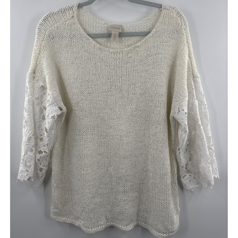 Chico's Sweater Size L White‎ Lace Cut Out Sleeves Knit 3/4 Scalloped Sleeves